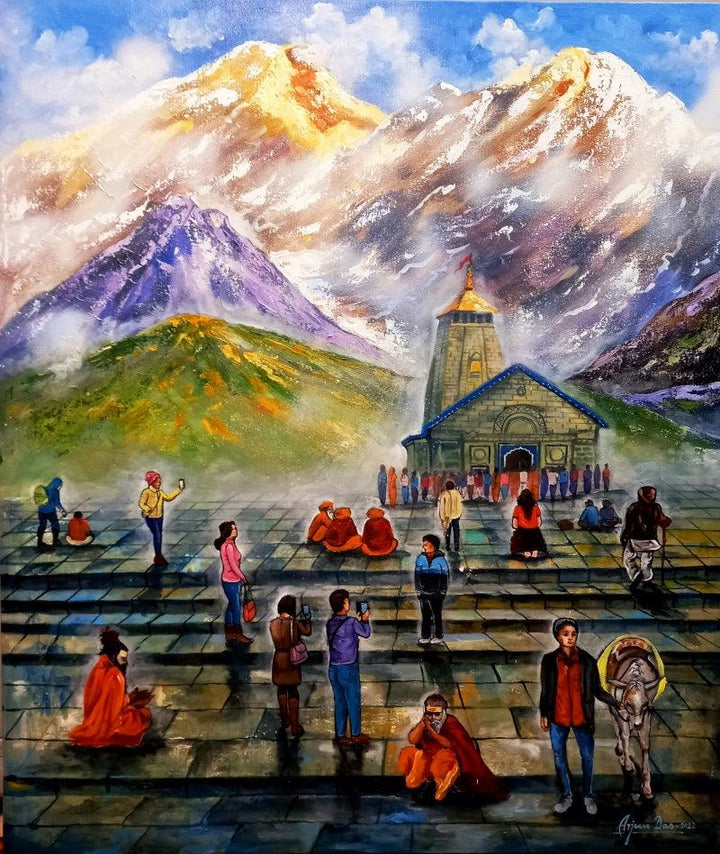 Religious acrylic painting titled 'Kedarnath Yatra', 42x36 inches, by artist Arjun Das on canvas