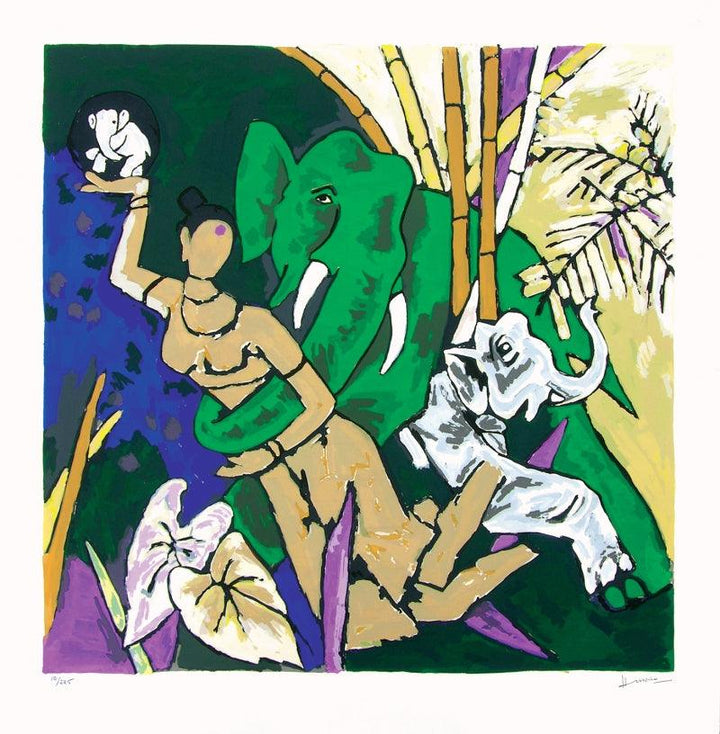 Figurative serigraphs painting titled 'Kerala 3', 41x40 inches, by artist M. F. Husain on Paper