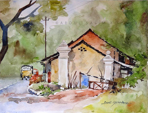 Landscape watercolor painting titled 'Kerala Landscape 1', 9x12 inches, by artist Abdul Salim on Paper