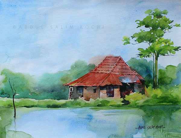 Landscape watercolor painting titled 'Kerala Landscape 2', 9x12 inches, by artist Abdul Salim on Paper