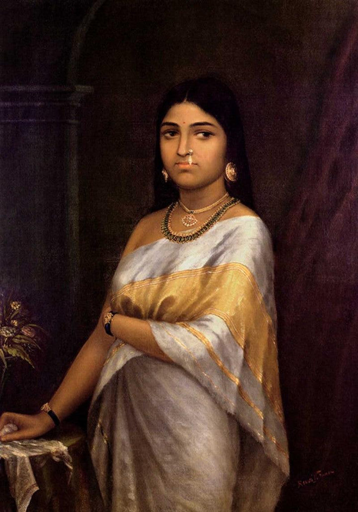 Figurative oil painting titled 'Kerala Royal Lady', 36x25 inches, by artist Raja Ravi Varma Reproduction on Canvas