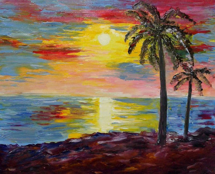 Landscape oil painting titled 'Kerala Sunset', 20x23 inches, by artist Kiran Bableshwar on Canvas