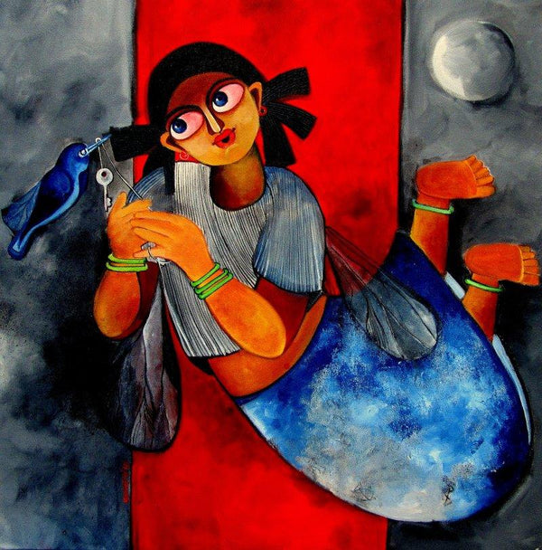 Figurative acrylic painting titled 'Key to happiness', 30x30 inches, by artist Sharmi Dey on Canvas