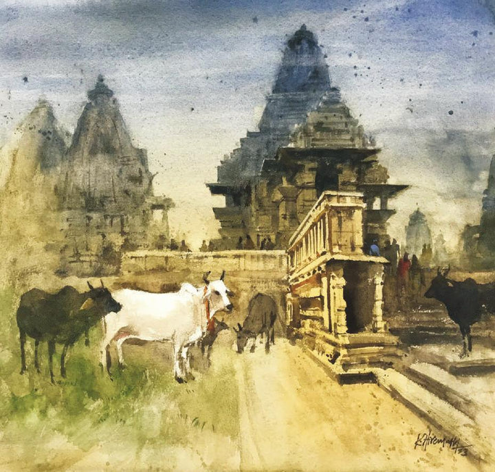 Religious watercolor painting titled 'Khajuraho Temple 2', 18x18 inches, by artist Kudalayya Hiremath on Paper