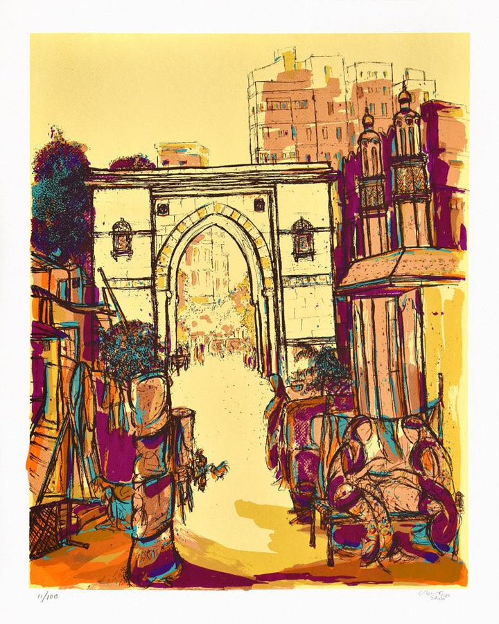 Cityscape serigraphs painting titled 'Khanpur Darwaza', 30x24 inches, by artist Vrindavan Solanki on Paper