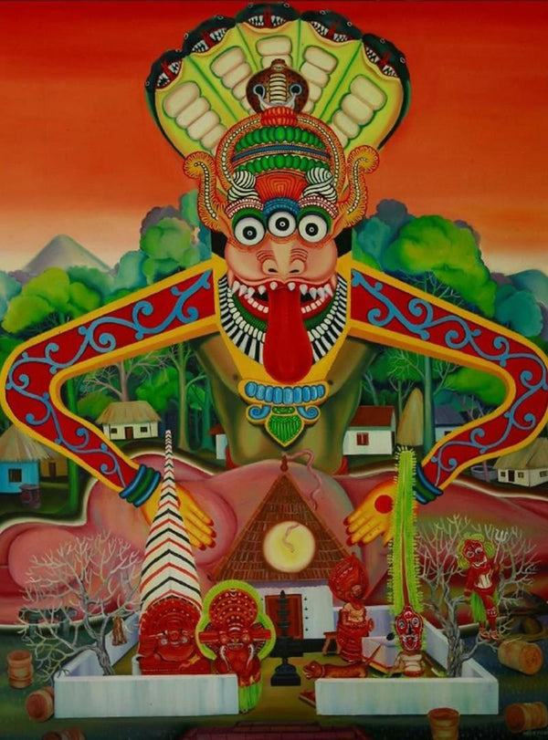 Religious oil painting titled 'Kim Purushan The Lord Of Land Deities', 48x36 inches, by artist Rejeesh Sarovar on Canvas