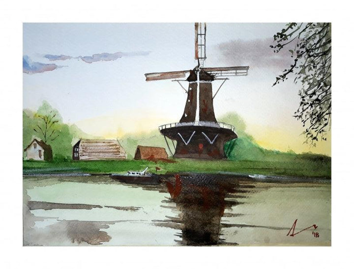 Cityscape watercolor painting titled 'Kinderdijk The Netherlands', 7x11 inches, by artist Arunava Ray on Paper