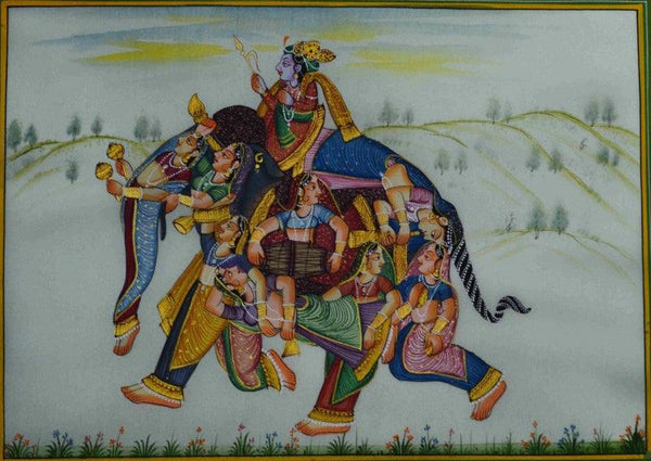 Figurative mughal traditional art titled 'King And His Queens Depicted As Elephant', 9x12 inches, by artist Unknown on Silk