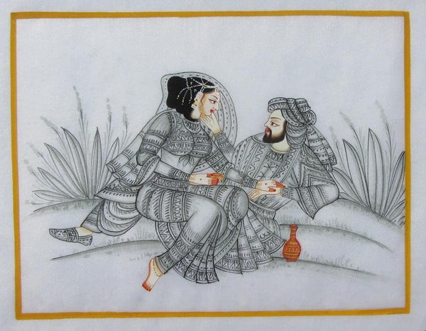 Figurative mughal traditional art titled 'King And Queen', 7x9 inches, by artist E Craft on Silk