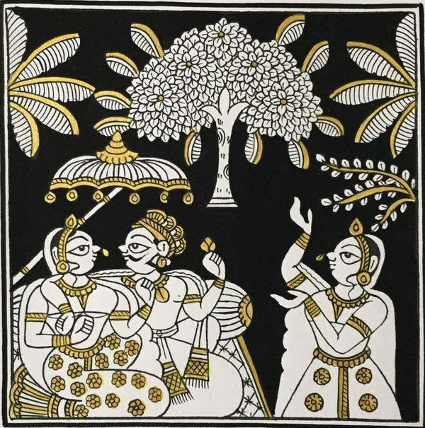 Figurative phad traditional art titled 'King And Queen In Black And Gold', 11x11 inches, by artist Unknown on Cloth