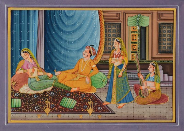 Figurative mughal traditional art titled 'King And Queen Light Moments', 9x12 inches, by artist Unknown on Silk