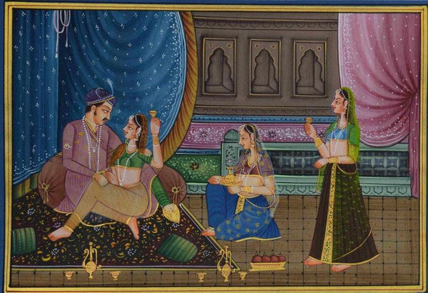 Figurative mughal traditional art titled 'King And Queen Moments', 15x11 inches, by artist Unknown on Silk