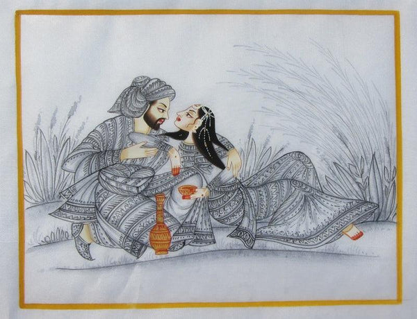 Figurative mughal traditional art titled 'King And Queen Romantic Moment', 7x9 inches, by artist E Craft on Silk