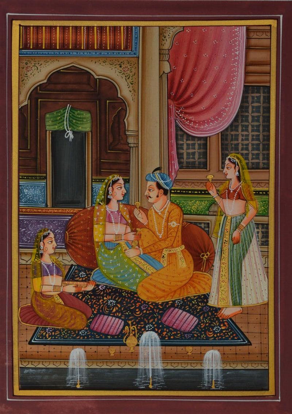 Figurative mughal traditional art titled 'King And Queen With Sevika', 12x9 inches, by artist Unknown on Silk