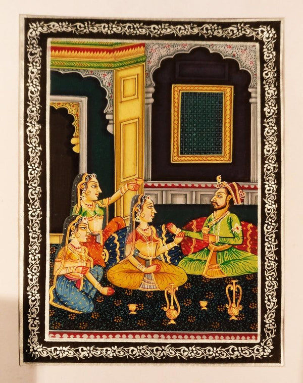 Folk Art watercolor painting titled 'King and queens enjoying feast', 5x7 inches, by artist Unknown on silk