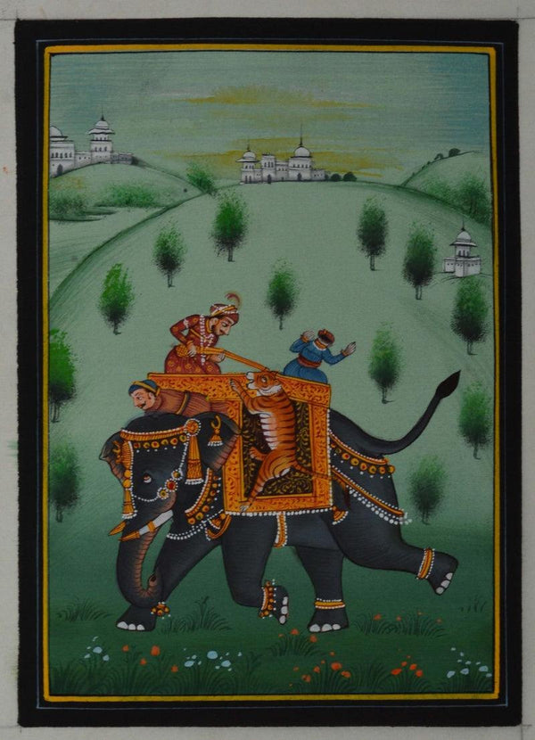 Figurative mughal traditional art titled 'King Hunting A Tiger With Sainik', 7x5 inches, by artist Unknown on Silk