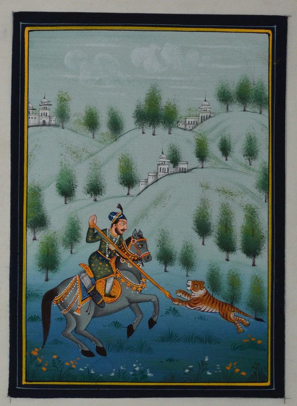 Figurative mughal traditional art titled 'King Hunting Tiger', 7x5 inches, by artist Unknown on Silk