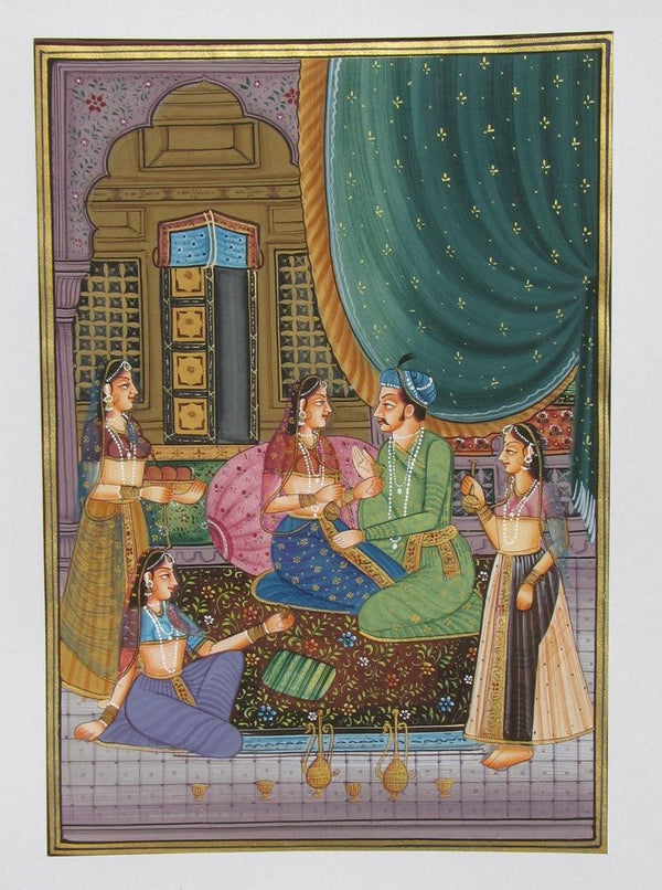 Figurative mughal traditional art titled 'King In A Discussion With His Queens', 11x8 inches, by artist Unknown on Silk