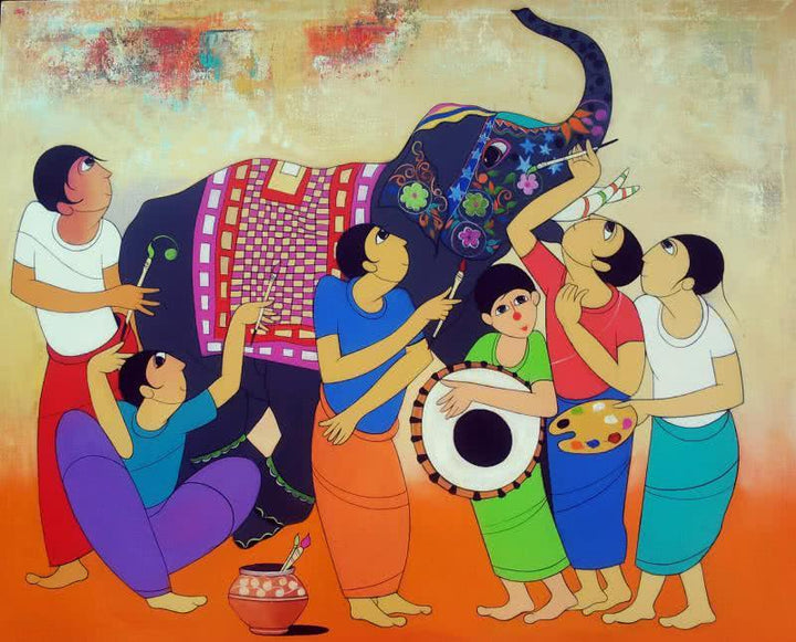 Anime acrylic painting titled 'King Of Elephant', 48x60 inches, by artist Dnyaneshwar Bembade on Canvas