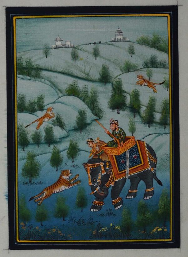 Figurative mughal traditional art titled 'King On A Hunt', 7x5 inches, by artist Unknown on Silk