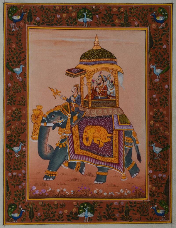 Figurative mughal traditional art titled 'King On Ambari', 8x6 inches, by artist Unknown on Silk