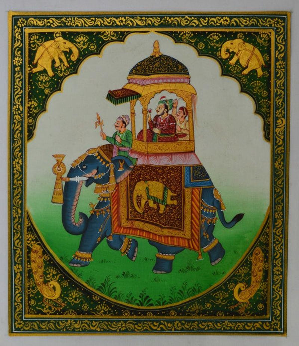 Figurative mughal traditional art titled 'King On Elephant', 9x8 inches, by artist Unknown on Silk