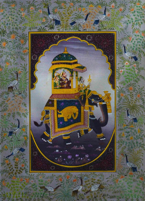 Figurative mughal traditional art titled 'King On Royal Ambari', 12x9 inches, by artist Unknown on Silk