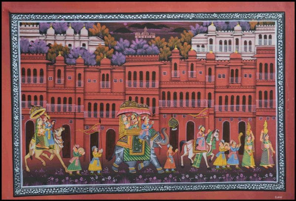 Figurative mughal traditional art titled 'King Procession Through Town 2', 11x16 inches, by artist Unknown on Silk