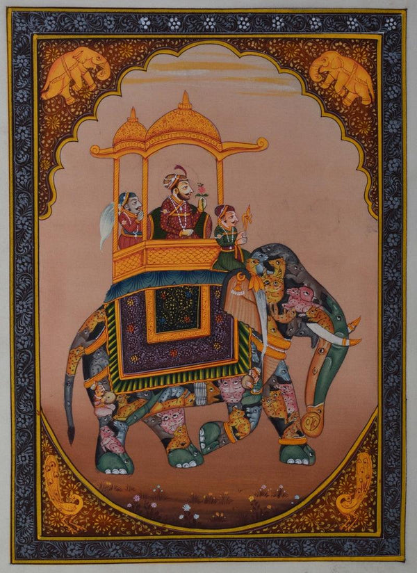 Figurative mughal traditional art titled 'King Riding Elephant', 11x8 inches, by artist Unknown on Silk