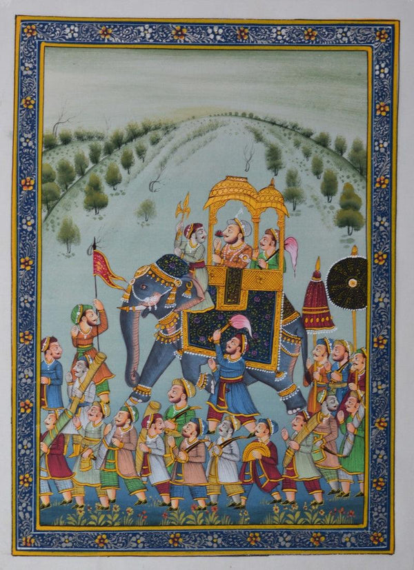 Figurative mughal traditional art titled 'King Riding Royal Elephant In A Processi', 11x8 inches, by artist Unknown on Silk