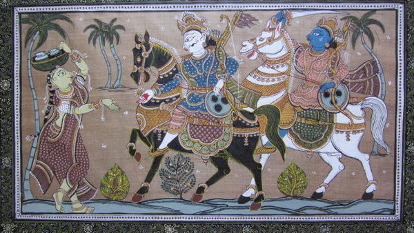 Folk Art fabric painting titled 'King's Excursion Tasar Cloth Painting', 12x26 inches, by artist Pradeep Swain on Cloth