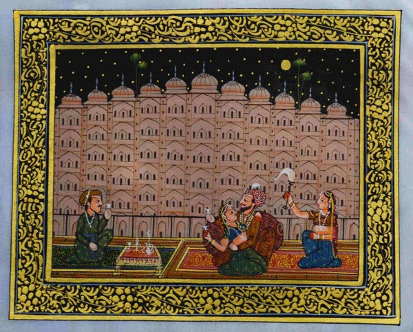 Figurative mughal traditional art titled 'King Spending Leisure Time', 10x12 inches, by artist Unknown on Silk