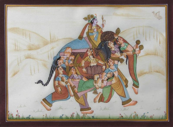 Figurative mughal traditional art titled 'King Surrounded By Women', 8x11 inches, by artist E Craft on Silk