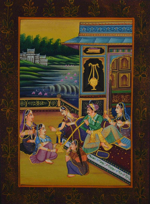 Figurative mughal traditional art titled 'King Surrounded With Queens', 15x11 inches, by artist Unknown on Silk