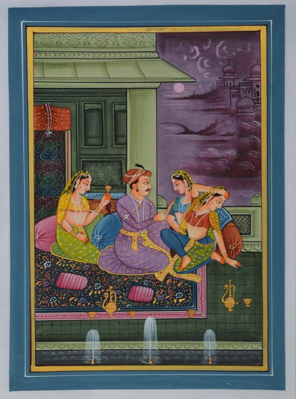 Figurative mughal traditional art titled 'King Surrounded With Queens In Palace', 12x9 inches, by artist Unknown on Silk