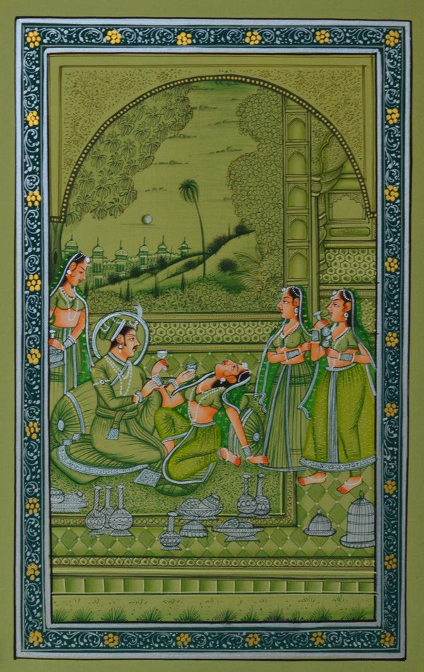 Figurative mughal traditional art titled 'King Treated By Sevikas', 10x6 inches, by artist Unknown on Paper