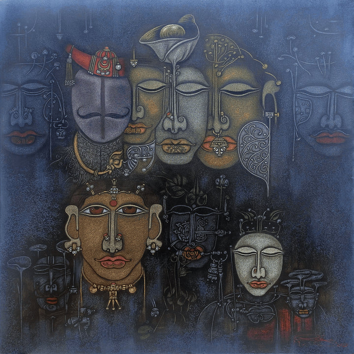 Figurative mixed-media painting titled 'Kingdomarise 1', 36x36 inch, by artist M Raja on Canvas