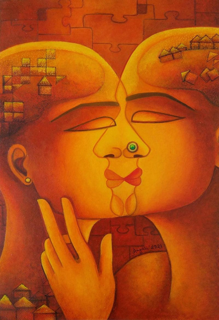 Figurative acrylic painting titled 'Kiss 2', 16x12 inches, by artist Anjali Surana on Acid Free Paper