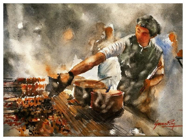 Realistic watercolor painting titled 'Kitchen', 14x10 inches, by artist Soven Roy on Paper