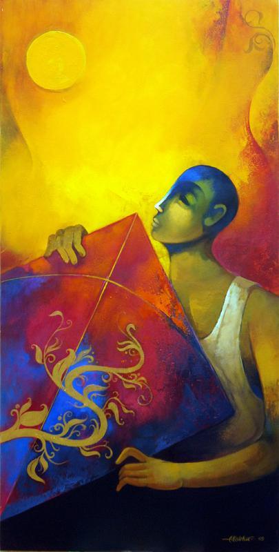 Fantasy acrylic painting titled 'Kite', 48x24 inches, by artist Sachin Akalekar on Canvas