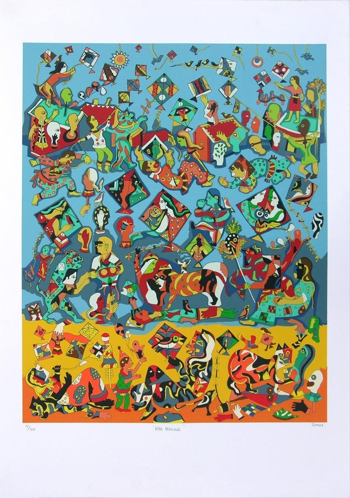 Figurative serigraphs painting titled 'Kite Festival', 40x28 inches, by artist Jagdeep Smart on Paper