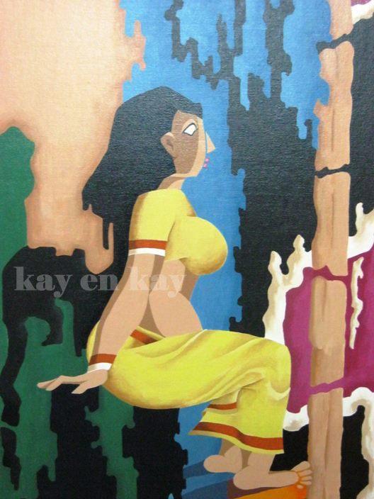 Figurative acrylic painting titled 'Knocking', 30x24 inches, by artist Narayanankutty Kasthuril on Canvas Board