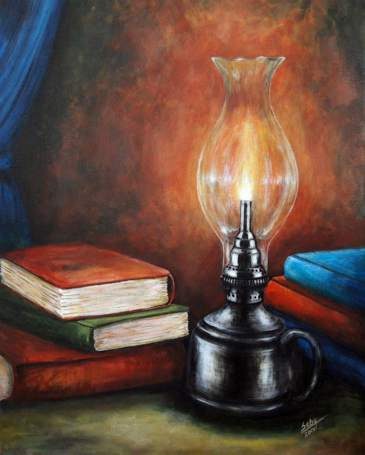 Still-life acrylic painting titled 'Knowledge', 30x24 inches, by artist Seby Augustine on Canvas