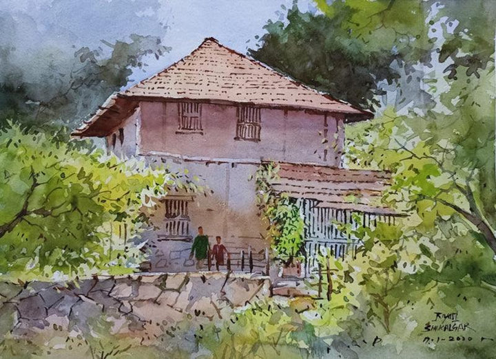 Landscape watercolor painting titled 'Kokan House', 14x16 inches, by artist Riyaj Shikalgar on Paper