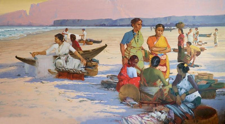 Figurative acrylic painting titled 'Koli Women On Dapoli Beach', 60x120 inches, by artist Paresh Thukrul on Canvas