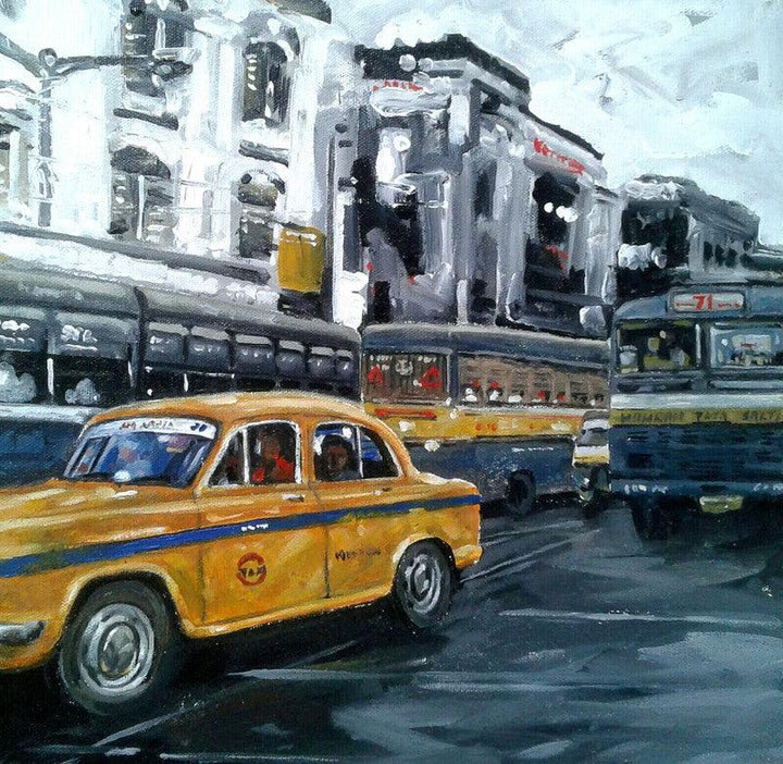 Cityscape acrylic painting titled 'Kolkata 10', 12x12 inches, by artist Raju Sarkar on Canvas