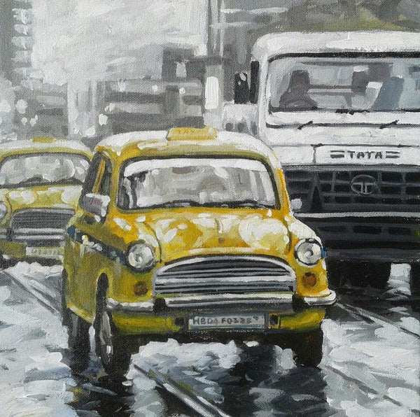 Cityscape acrylic painting titled 'Kolkata 12', 12x12 inches, by artist Raju Sarkar on Canvas