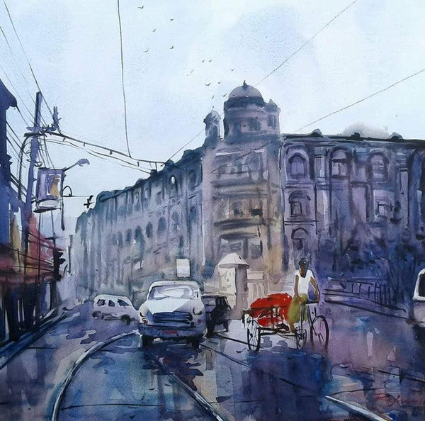 Cityscape watercolor painting titled 'Kolkata 21', 22x20 inches, by artist Raju Sarkar on Paper