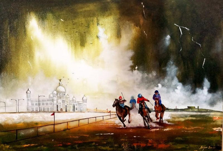 Cityscape acrylic painting titled 'Kolkata Horse Rider In Rainyday', 36x24 inches, by artist Arjun Das on Canvas