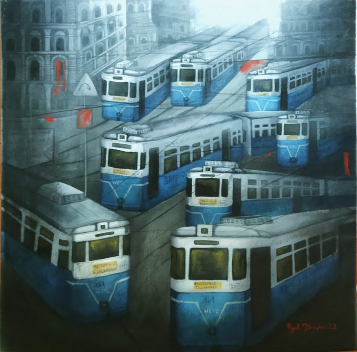 Cityscape acrylic painting titled 'Kolkata My City', 24x24 inch, by artist Payel Mitra Sarkar on Canvas